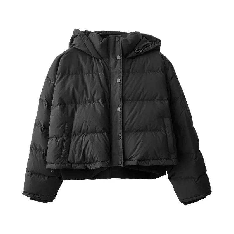 New Short Hooded Down Jacket Women's Winter Stand Collar Thickened Warm White Eiderdown Casual Single Breasted Coat Loose Jacket