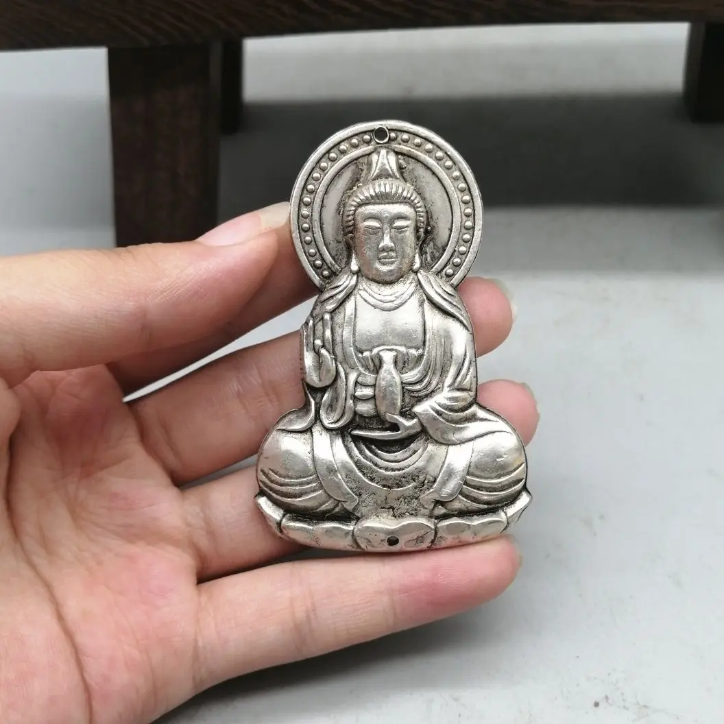 

Elaborate Chinese Tibetan Silver Sculpture “Bodhisattva” Amulet Auspicious Necklace / Waist Tag Metal Handicrafts
