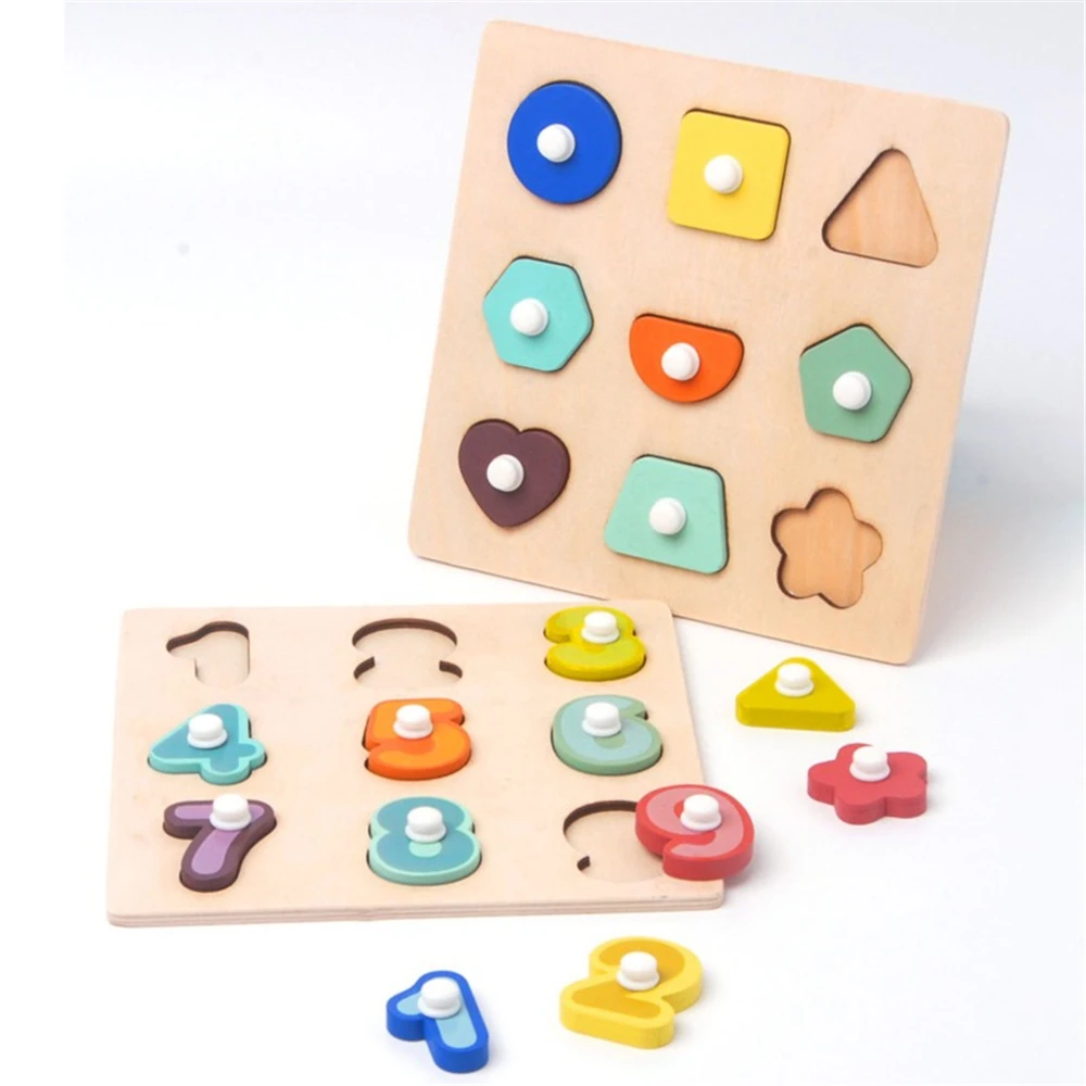 

Baby Montessori Wooden Puzzle Hand Grab Board Set Educational Toys Infantil Cartoon number letter Math Puzzle kids Gift