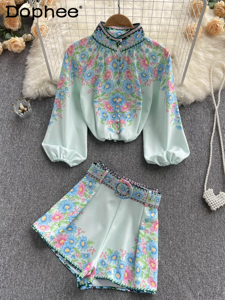 

Women Stand Collar Vintage Print Shirt High Waist Belt Shorts New Two Piece Set Fashion Spring Summer 2022