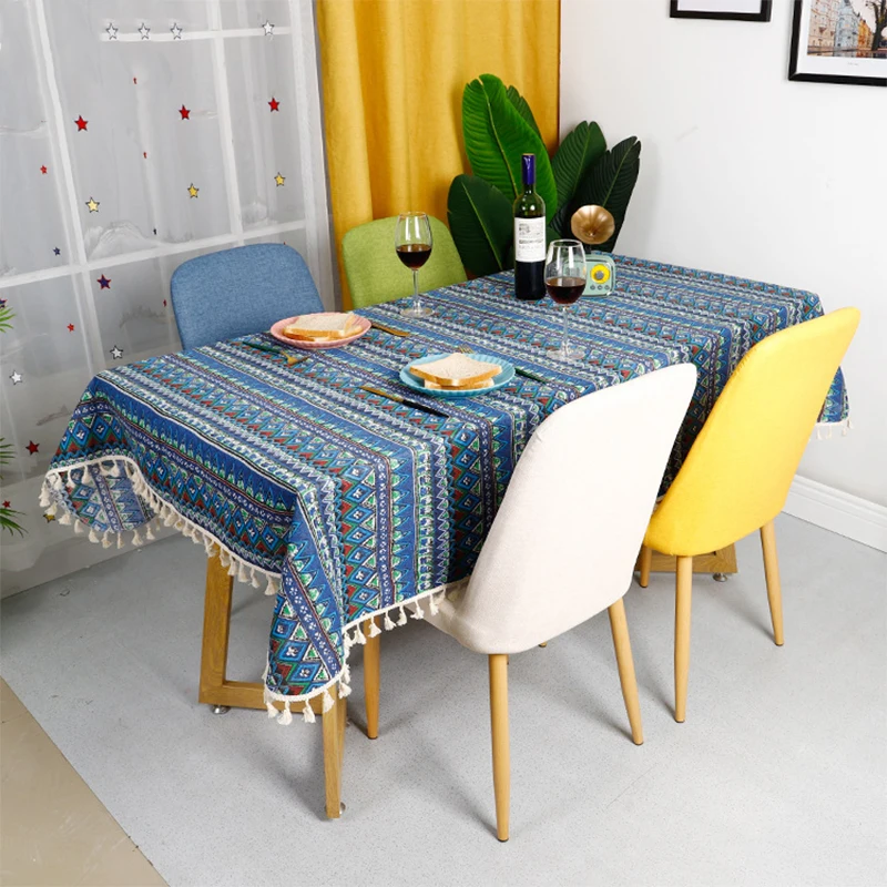 

Bohemian Geometric Pattern Tablecloth Tassel Trim Decor Ethnic Style Table Cloth Home Dining Table Cotton Linen Cloth Ornaments