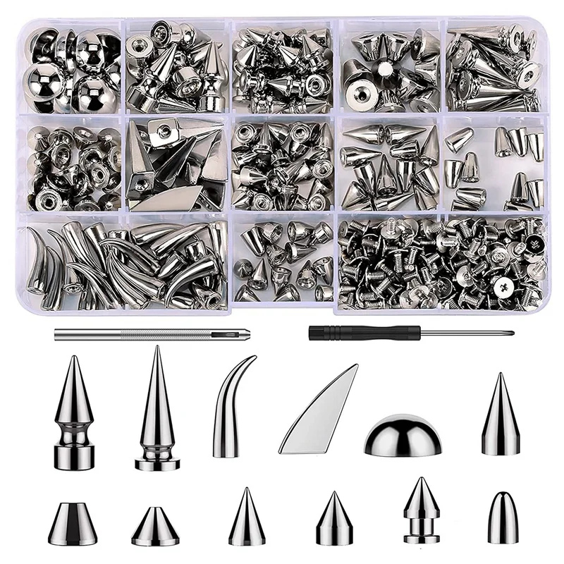 

175 Set Spikes For Clothing, Silver Cone Spikes Screwback Studs, 12 Type Large Studs For Jacket Shoe Crafts