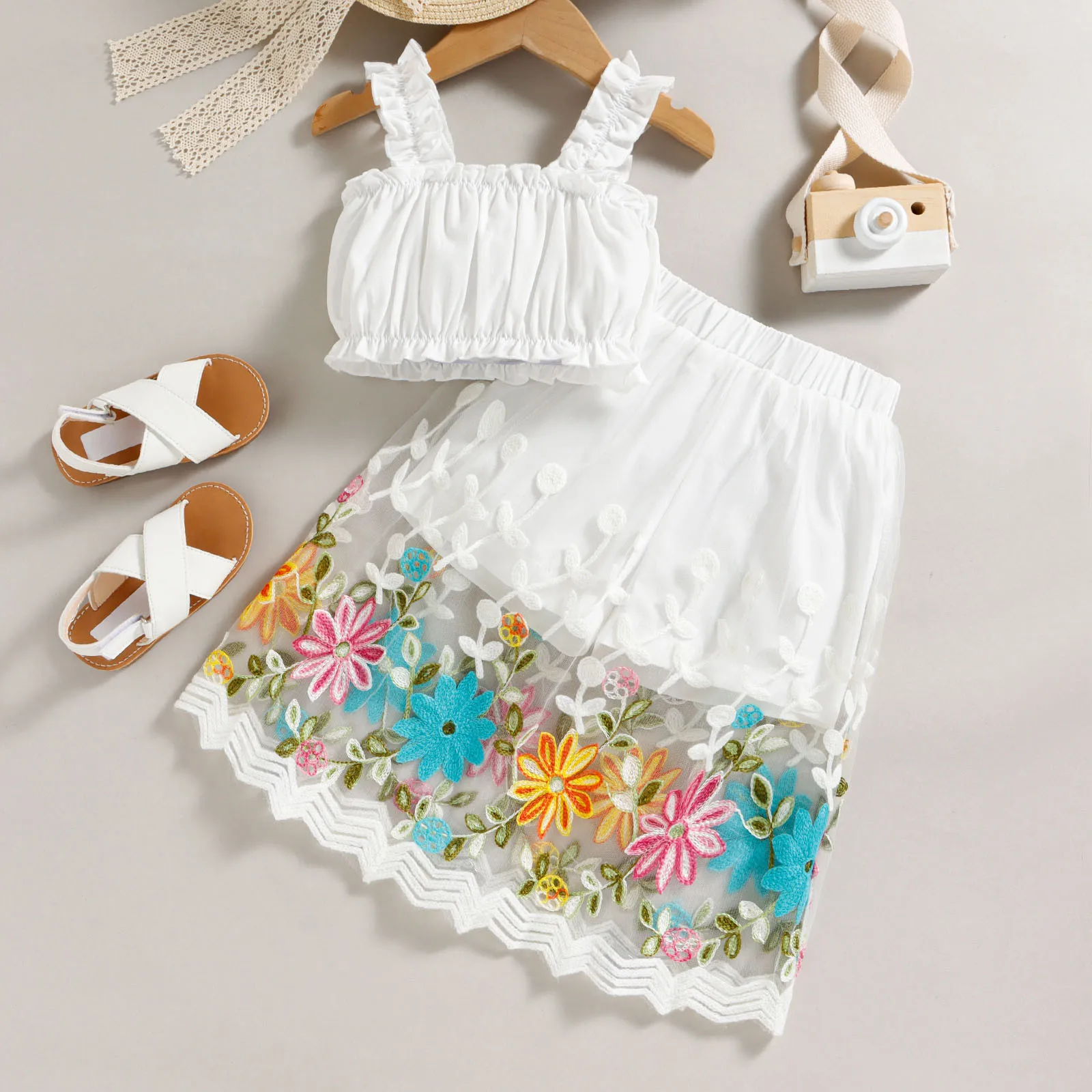 

Summer Toddler Girls Ruffles Sleeveless Vest Tops And Lace Floral Prints Skirt Twin Baby Girl Clothing Baby Gift Set Girl