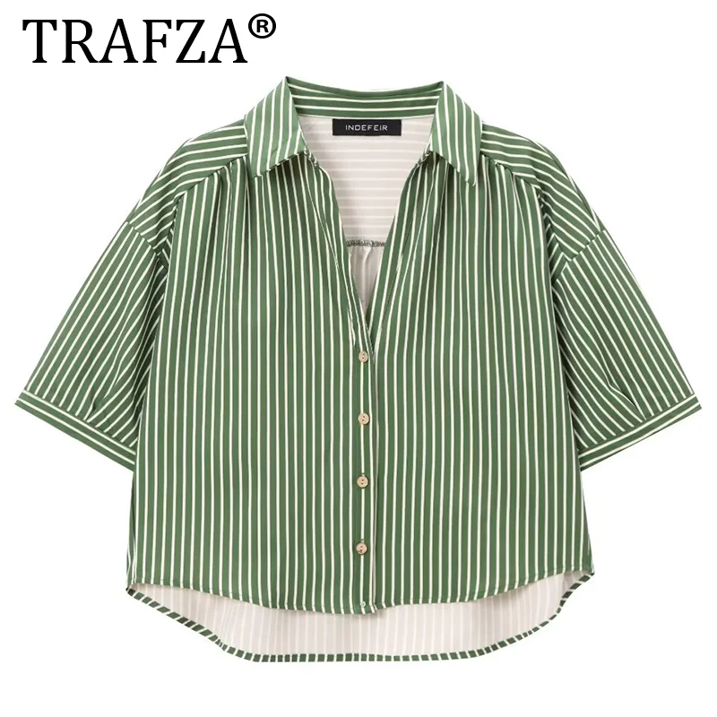 TRAFZA 2024 женский комплект из 2 предметов в полоску с короткими рукавами и лацканами