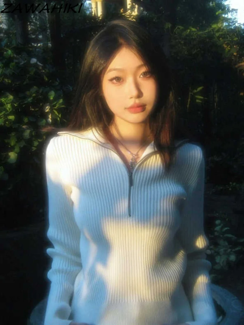 

Женский трикотажный кардиган Harajuku, однотонный винтажный свитер на молнии с воротником и длинными рукавами, уличная одежда на осень