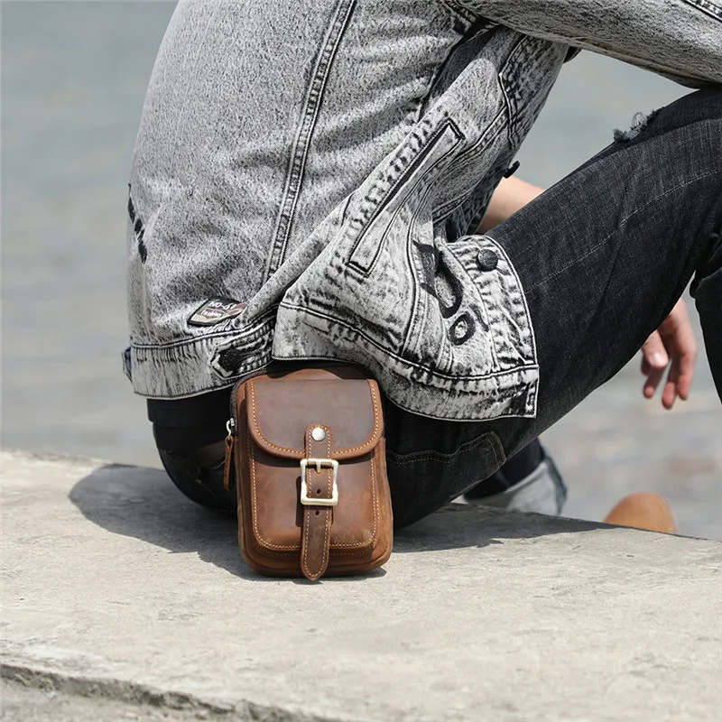 Retro fashion high quality crazy horse leather men's small pockets casual outdoor sports running real cowhide mobile phone bag