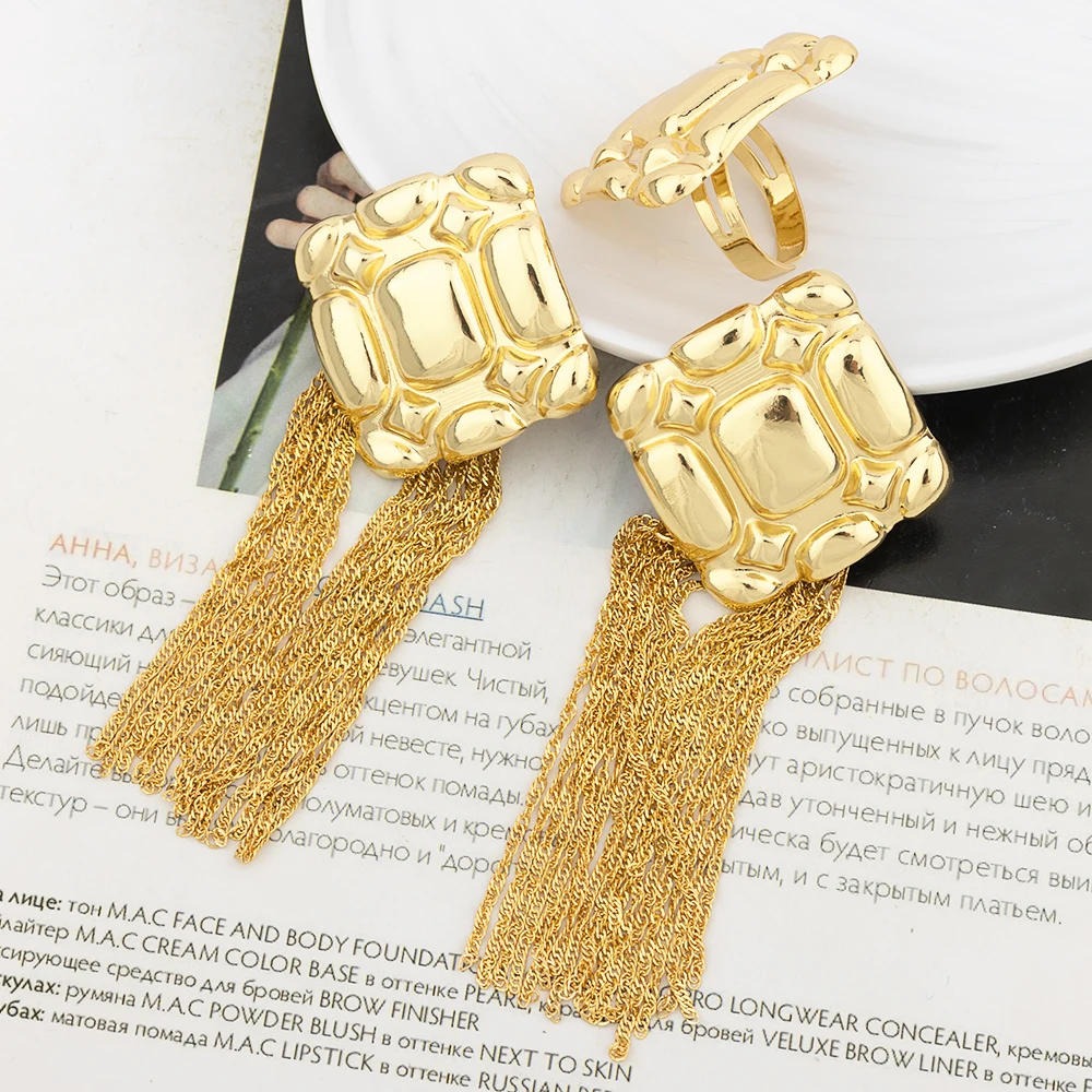 

Brazil Classic Tassel Earrings and Ring Set For Female Bohemian Trend Ethnic Women's Gold Color Jewelry Sets Wedding Party Gifts