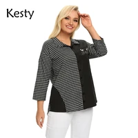 kesty womens plus size spring cotton plaid shirt printed cat pattern lapel 34 sleeve casual top