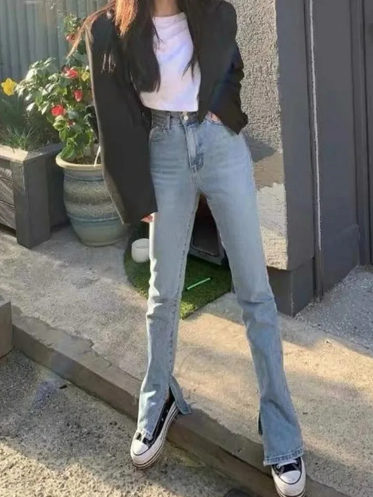 

2021 Y2K 90s Винтаж с завышенной талией, с каймой на джинсы с разрезом Для женщин джинсовые штаны Тонкий Хай-стрит Повседневное длинные брюки