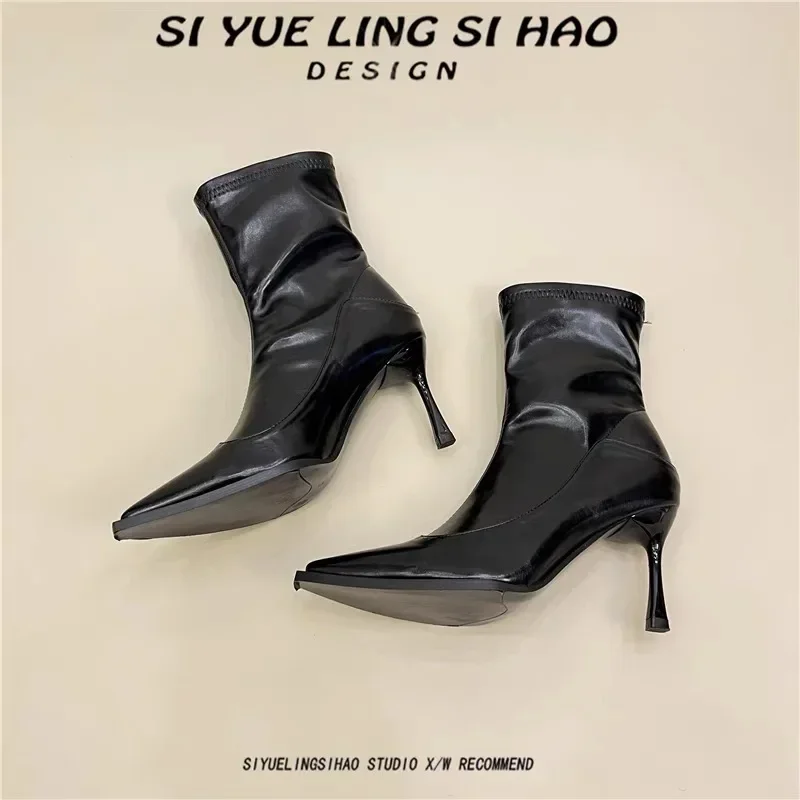 Женские полусапожки на высоком каблуке элегантные с острым носком размер 35-39