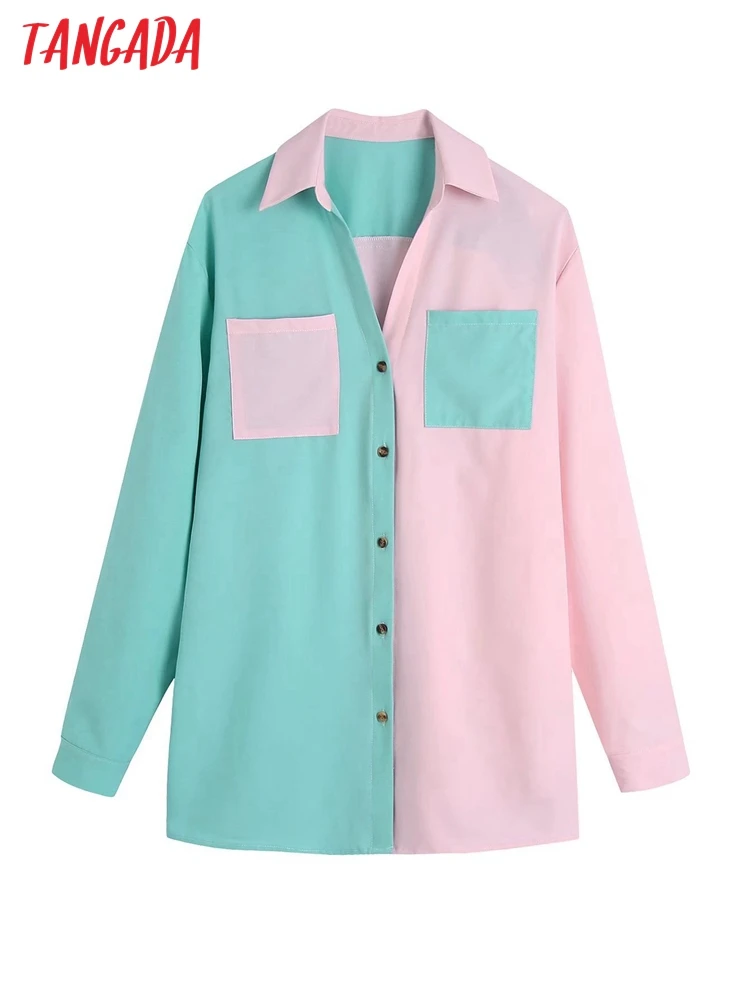 

Tangada Women Color Block Shirt Long Sleeve 2022 Chic Female High Street Loose Shirt CE107
