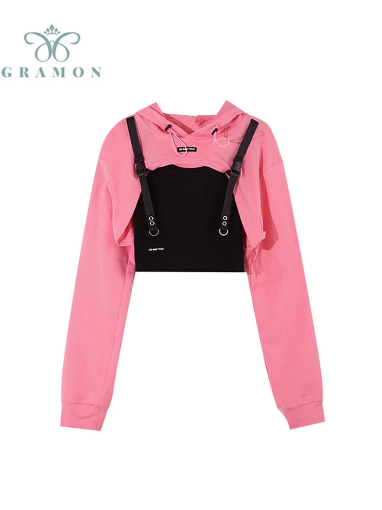 

Women Fashion Casual Sexy Punk Goth Hoodie Long Sleeve Stylish Crop Top Spring Autumn Pullover Thin Sweatshirt Pink Tracksuit