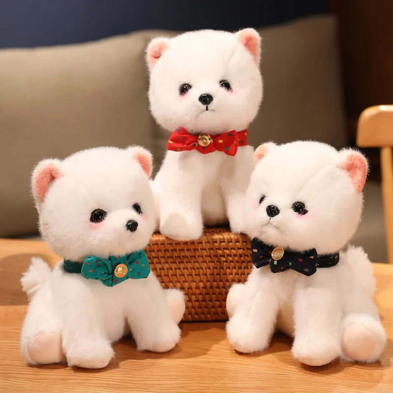 

22cm Adorable Lifelike Pomeranian Puppy Plush Toy Stuffed Red Black Bow Tie Dressing Dog Animal Baby Children Plush Doll Gift