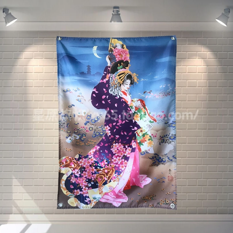 

Japanese Ukiyo-e Geisha Poster Banners Paintings Clubhouse Studio Wall Decoration Four Holes Hanging Flags Waterproof Cloth Art