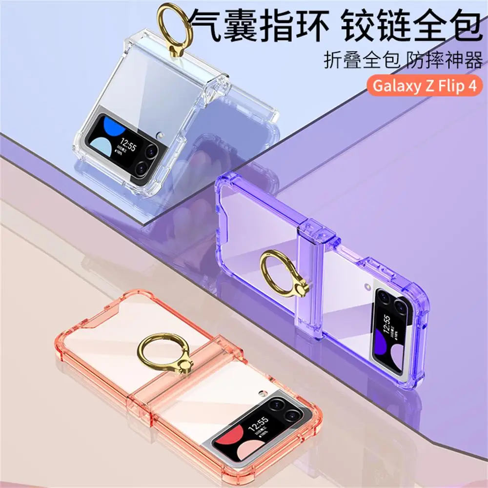 For Samsung Galaxy Z Flip 4 Flip4 Case Transparent Ring Holder Bracket Folding Hinge Four Corner Shockproof Silicone Back Cover