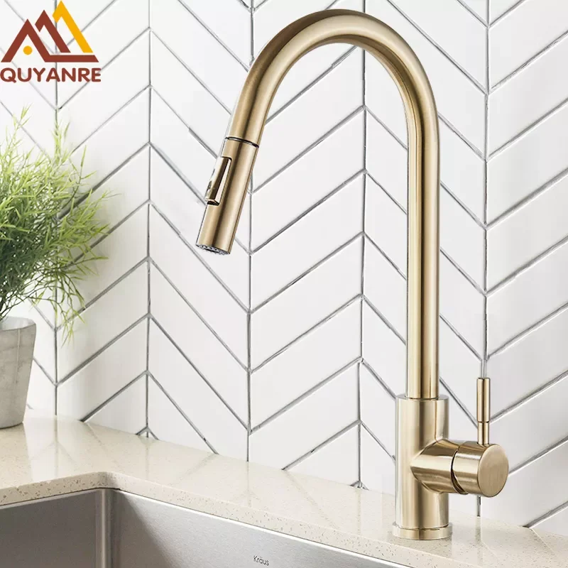 

Quyanre Brushed Gold Kitchen Faucet Pull Out Kitchen Sink Water Tap Single Handle Mixer Tap 360 Rotation Kitchen Shower Faucet