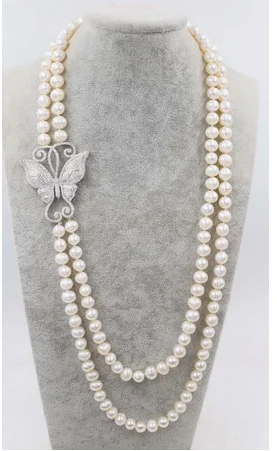 

Пресноводный жемчуг недалеко круглый 8-9 мм белое ожерелье бабочка циркон кулон 28-30in