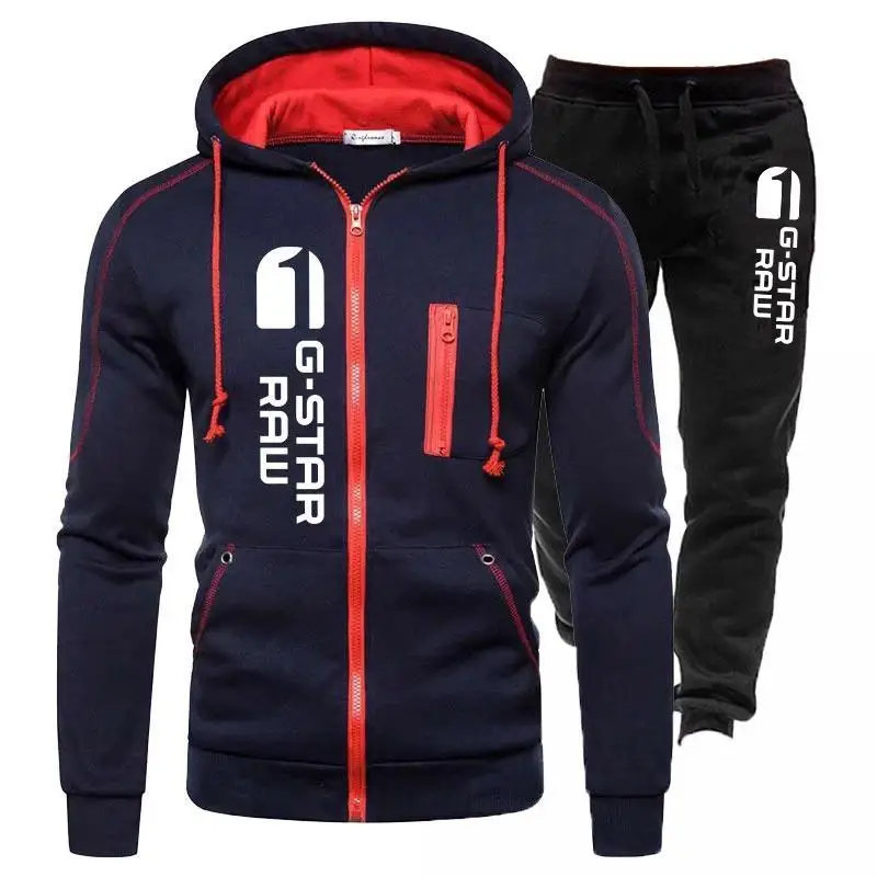 Men's Brand Tracksuit Casual Jogging Set Fashion All-match Outdoor Suit Hot Sale Man Vertical Zipper Jacket+Black Sweatpant 2PCS