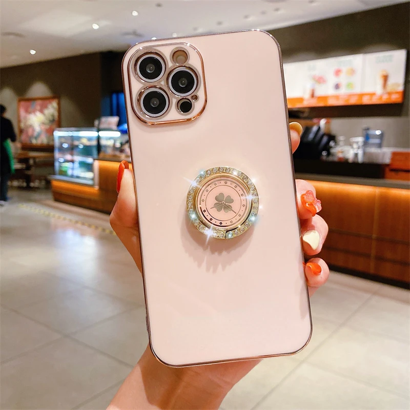 

Free Shipping For IPhone 13 12 11 Pro MAX XS XR X 6 6s 7 8 Plus 12 Mini SE 20 Bumper Cover Diamond Plating Ring Holder Stand So