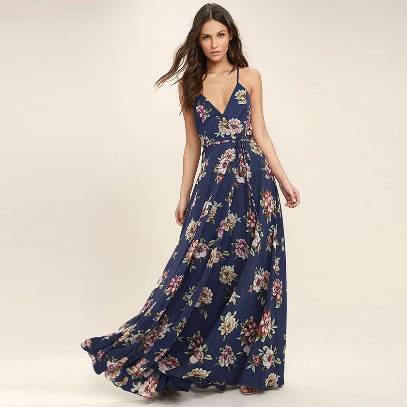 

Women Spaghetti Strap Dress Summer Floral Printed V Neck Split Maxi Dresses Beach Outfit For Women