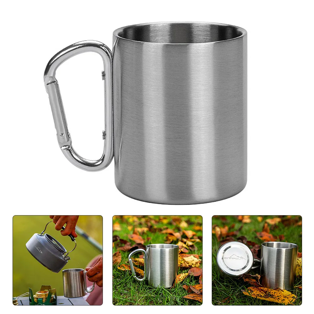 300ml Coffee Cup Outdoor Camping Carabiner Water Cup Stainless Steel Double Layer Thermal Mug With Buckle For Hiking Picnic