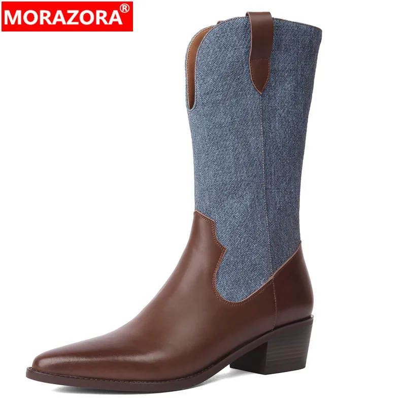 

MORAZORA 2023 New Genuine Leather Winter Boots Women Top Sale Zipper Mid Calf Boots Mixed Colors Square Med Heels Boots