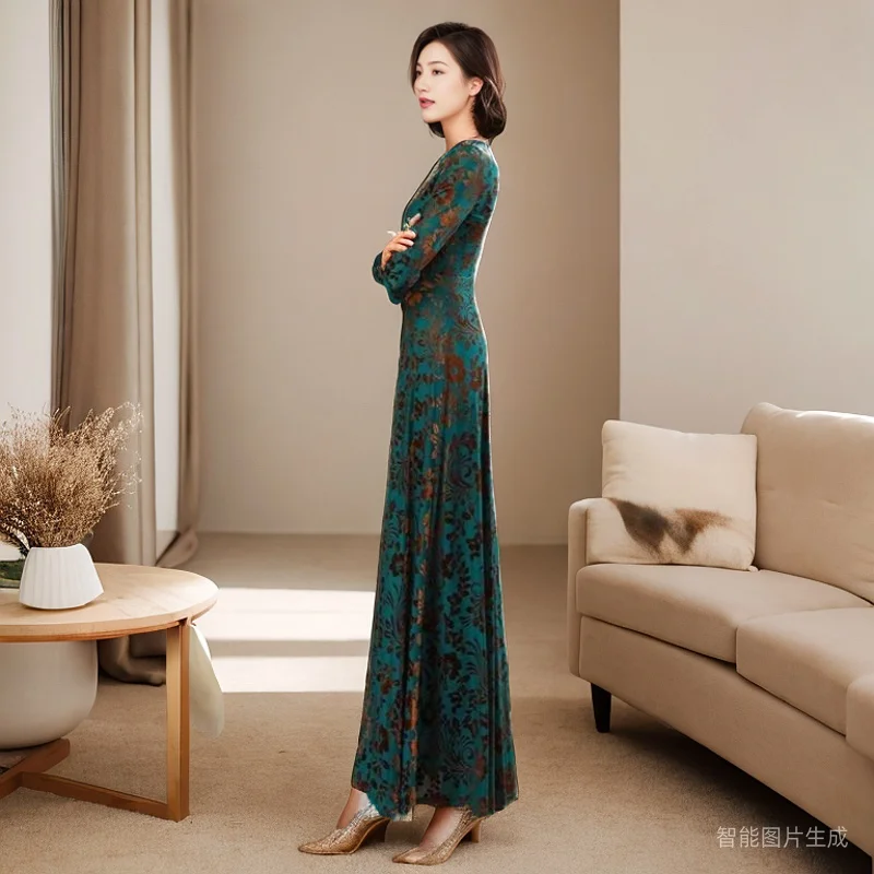Осеннее новое длинное женское платье с принтом вечерние вечернее элегантное