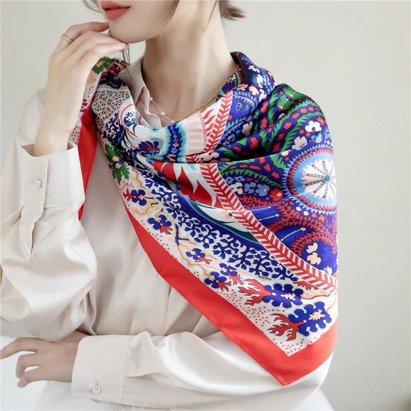 

2022 New Fashion Print 90cm Square Scarf Women Luxury Satin Silk Hijab Bandana Muslim Headband Shawl Wraps Foulard Beach Stoles