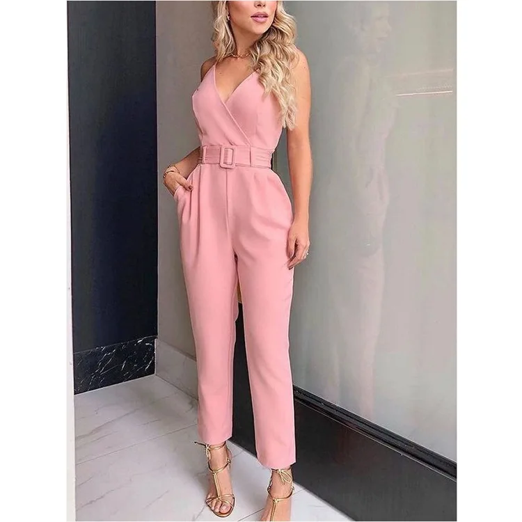 Women Sexy Sleeveless V-neck Jumpsuit 2022 Summer Fashion Elegant New Women's Solid Color Casual Jumpsuits