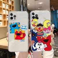 cartoon cute sesame cookie monster case for iphone 11 12 13 mini pro max tpu 7 8 plus x xr xs max se 2020 transparent case