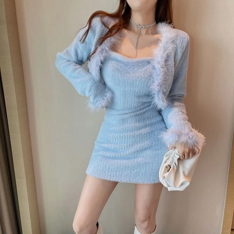 Fashion Temperament V Neck Mohair Blue Cardigan Coat Top Sexy Slim Bodycon Strapless Dress Mini Autumn Sweater 2piece Set Korean
