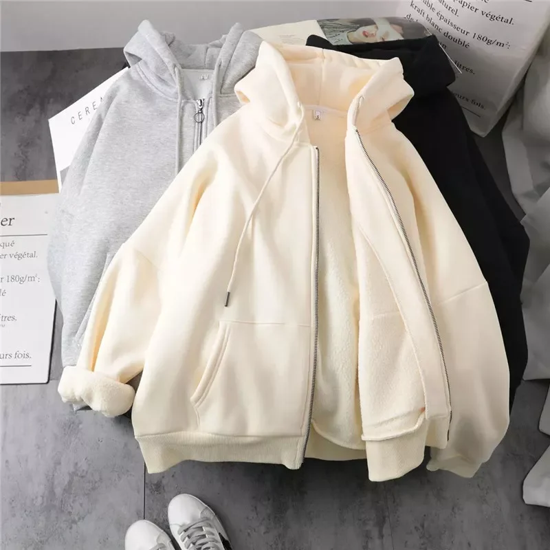 

New2022 Plush and Thick Zip-up Autumn Winter Fashion Women Sweatshirt Hoodie Coat Y2K Korean Soild Color Long Sleeve Female Hood