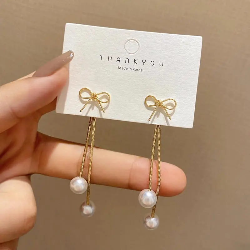 

Golden Long Tassel Bow-knot Drop Earrings for Women Girls White Pearl Women's Earring Wedding Jewelry Accessories Dropshipping