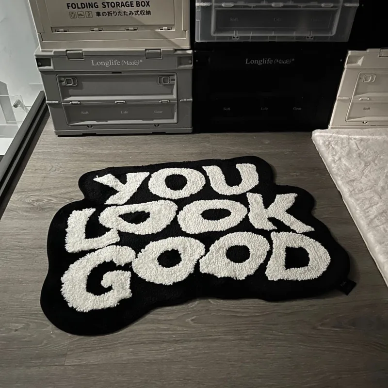 

Fluffy Tufted Letter Floor Mat You Look Good Area Carpet Antislip Korean Irregular Lounge Rug Bedroom Chair Foot Pad Decor