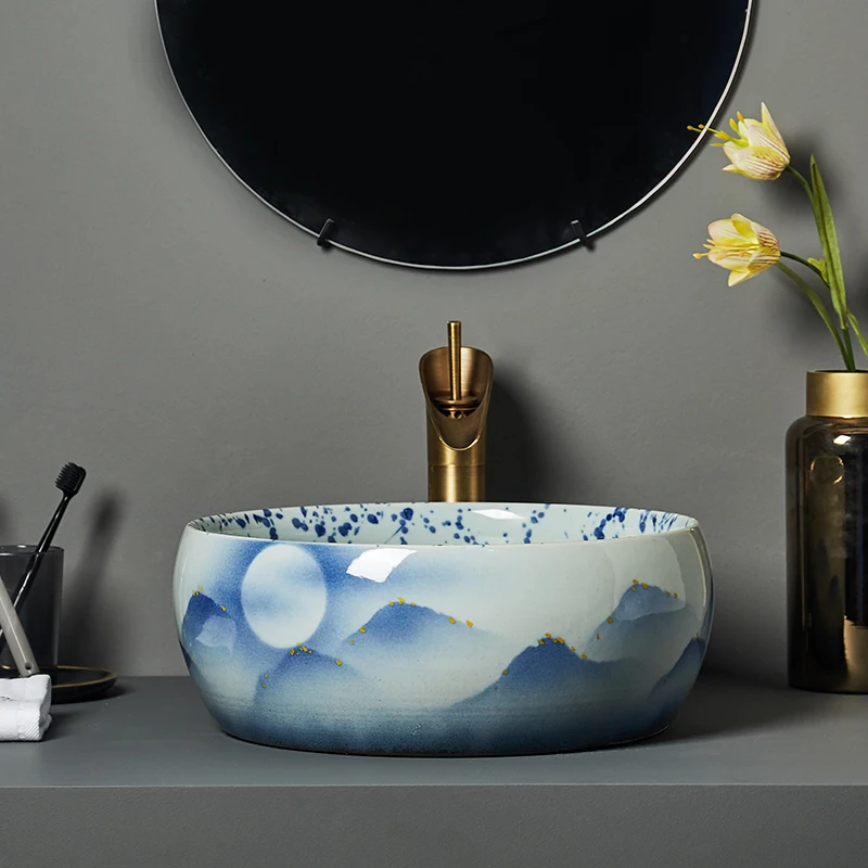 

Retro Art Counter Basin Oval Ceramic Wash Antique Shampoo Sinks Washbasin Countertop Single Bathroom Sink