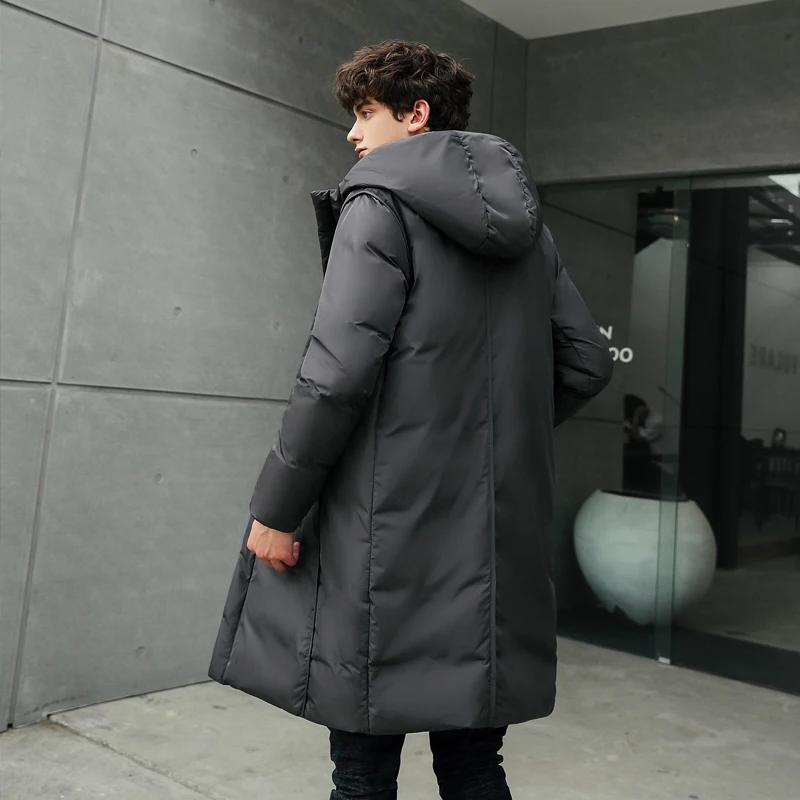 Men's Medium Long Solid Color Down Jacket Winter Warm Black Coat Simple Slim Fashion Casual Male Clothing