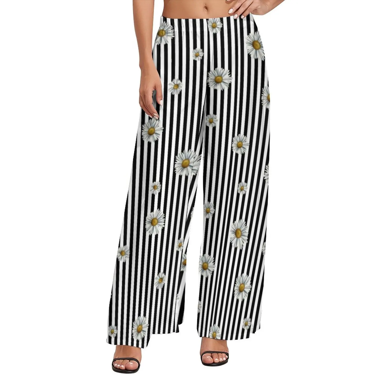 

Black And White Line Pants White Daisy Print Sexy Wide Leg Pants Female Oversized Aesthetic Graphic Straight Trousers