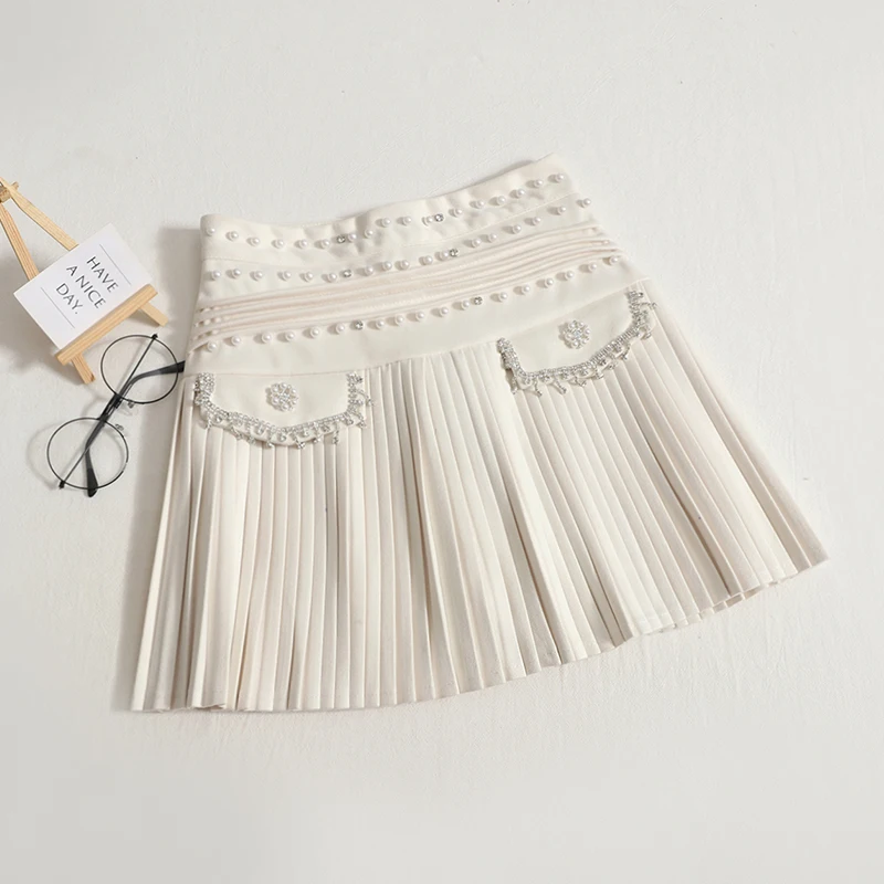 

Autumn High Waist Short Apricot Black Skirts Womens Sexy Mini Skirts Winter Vintage Pleated Skirt Korean Beading Fashion Skirts