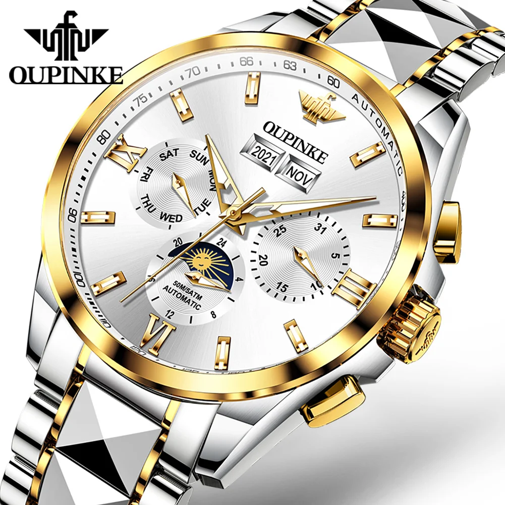 

OUPINKE Automatic Mechanical Watch for Men Tungsten steel Sapphire Mirror Man Business Wristwatch Swiss Brand Man Watch Date New