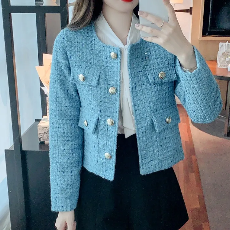 

Женская твидовая куртка на пуговицах, маленькая винтажная куртка из твида с длинным рукавом и золотыми пуговицами, элегантная верхняя одеж...