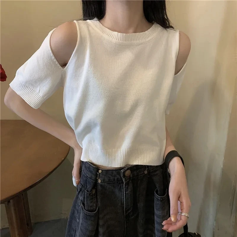 

Yasuk Spring Summer Casual Women's Loose Top Female Gentle Thin Hollow Out Top Knitted Pullover Blouse Short Sleeve Sweater