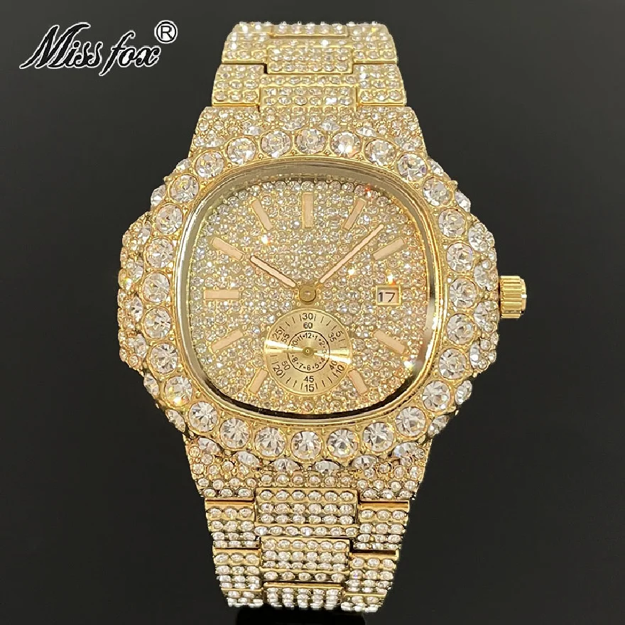 

Gold Watch For Men Luxury Hip Hop Brand MISSFOX Iced Out Diamond Waterproof Clock Steel Fashion Quartz Wristwatches Reloj Hombre