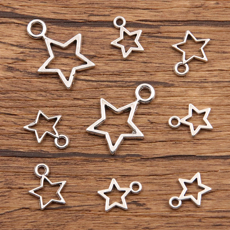 50PCS 4 Size Picture Color Hollow Big Small Star Charms Geometry Pendant Metal Alloy DIY Necklace Bracelet Earrings Marking