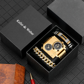 2022 New Luxury Gold Men's Watch Set Large Dial Fashion Bracelet Double Time Zone Quartz Watches Gift Box Birthday for Husband-36846