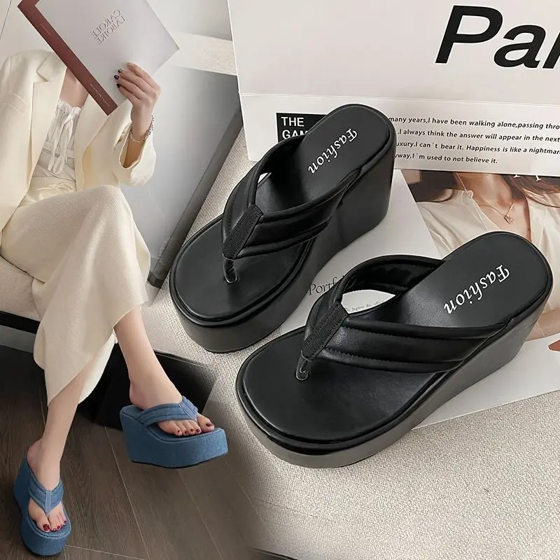 10cm Outing Wedge Summer New Platform High Heel Denim Flip-Flops Platform Vacation Style Beach Shoes 10cm for Women