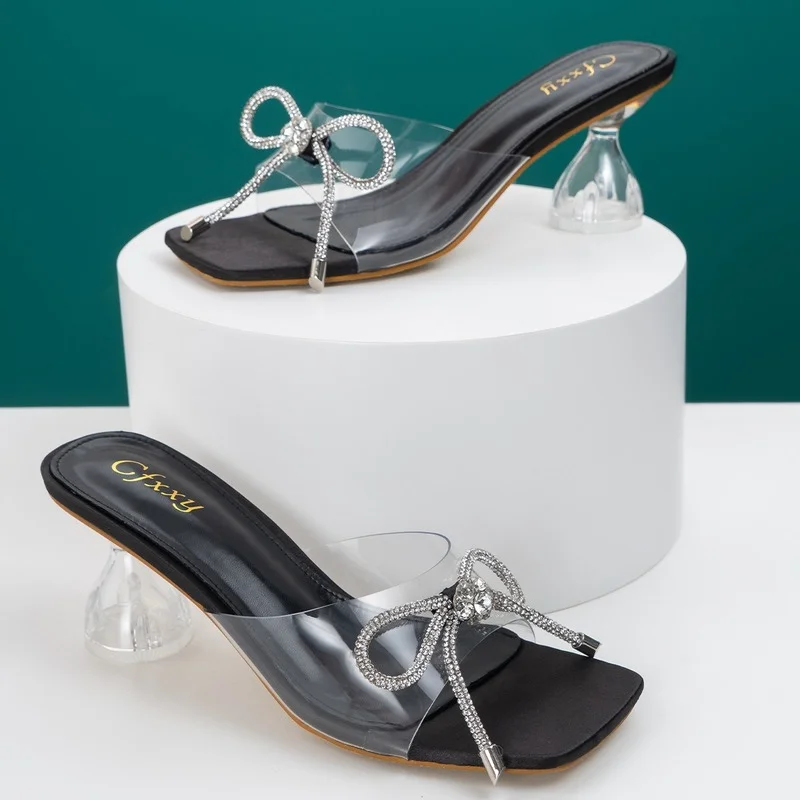 

Женские сандалии с бантом, босоножки на высоком толстом каблуке с квадратным носком и стразами, модель 2020 года
