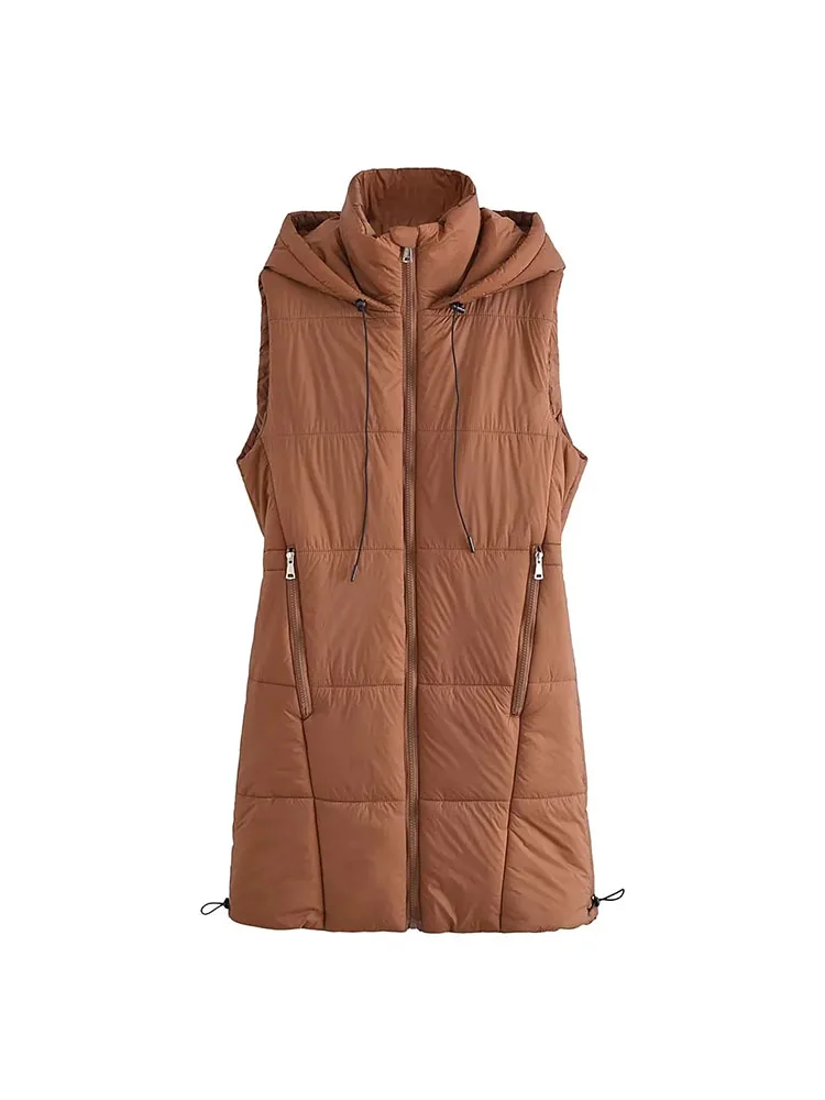 

TRAF Women Long Cotton Waistcoat 2023 Winter Autumn Women's Hooded Stand Collar Sleeveless Women's Fashion Vests