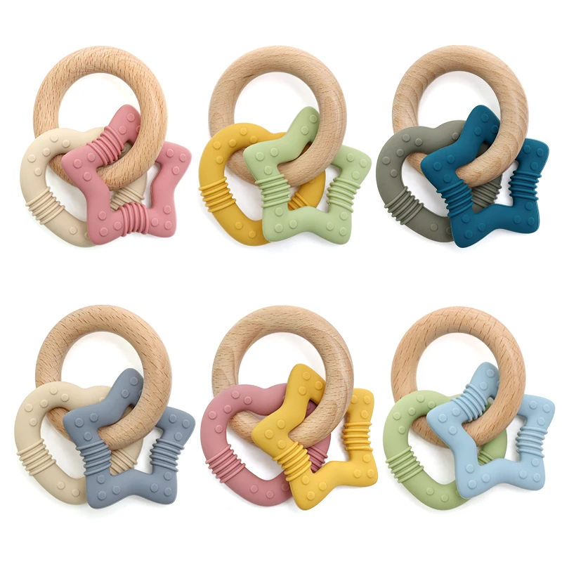 Силиконовый Прорезыватель для зубов в форме звезды и сердца с деревянным