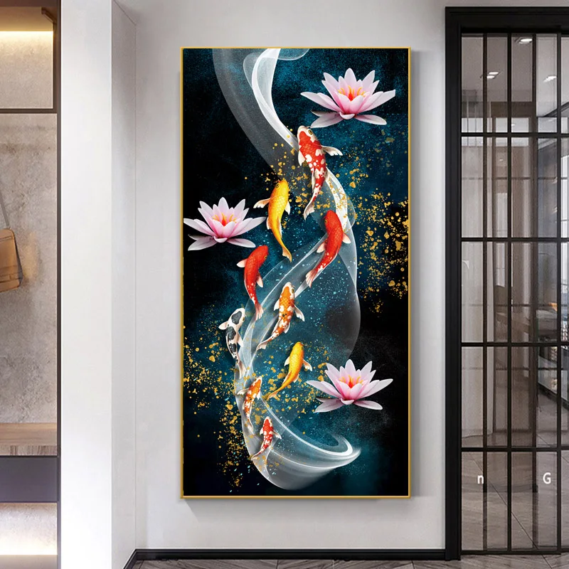 

Modern Light Luxury Lotus Koi Nine Fish Picture Canvas Printed Poster Art Wall Decorative Painting Home Living Room Decoration