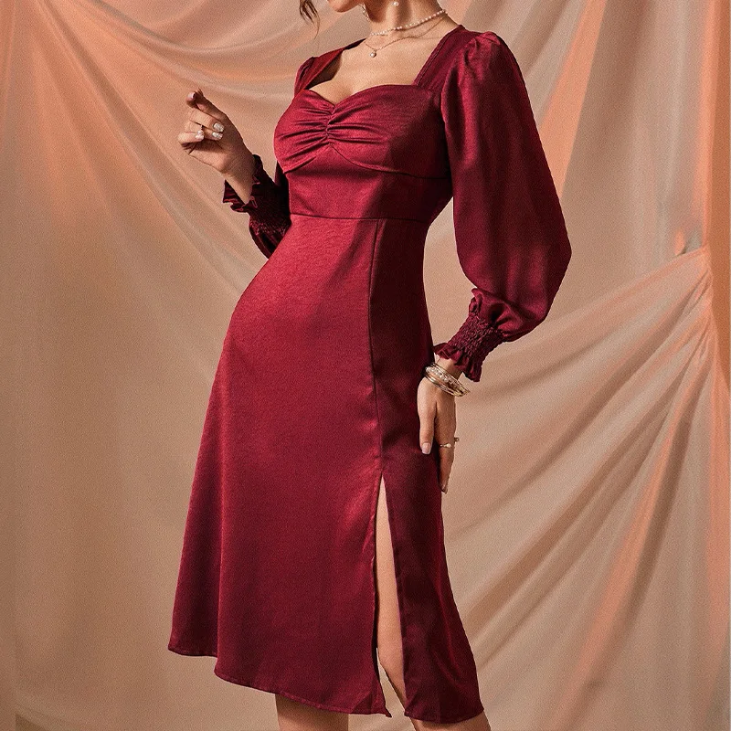 

Женское атласное платье-трапеция, длинное платье с длинным рукавом, V-образным вырезом, оборками и разрезом, весна-лето 2022